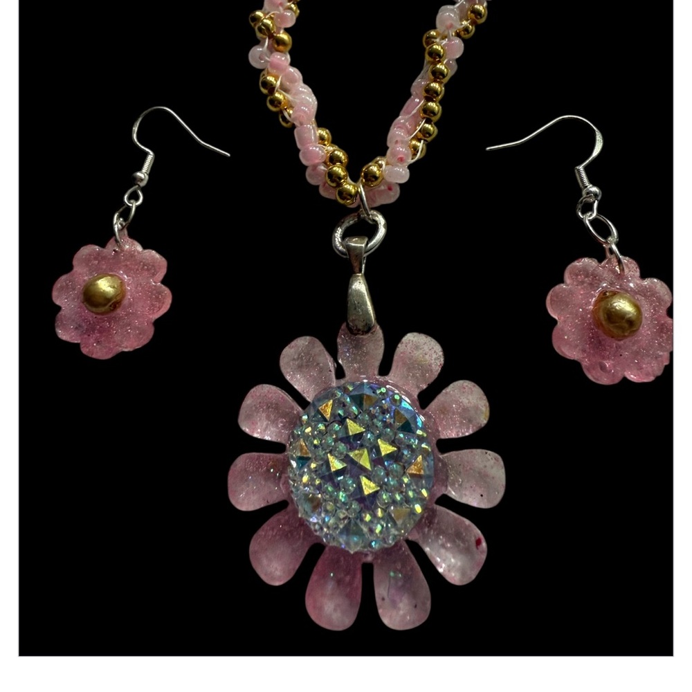 Pink and Gold Flower Jewelry Set